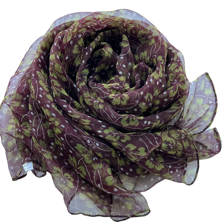 【咖绿四叶草】杭州蚕丝气质百搭春夏透气时尚丝巾碎花春秋女士薄款