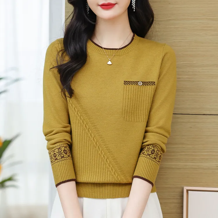 时尚提花圆领针织衫女式春秋新款洋气百搭宽松显瘦上衣简约妈妈装