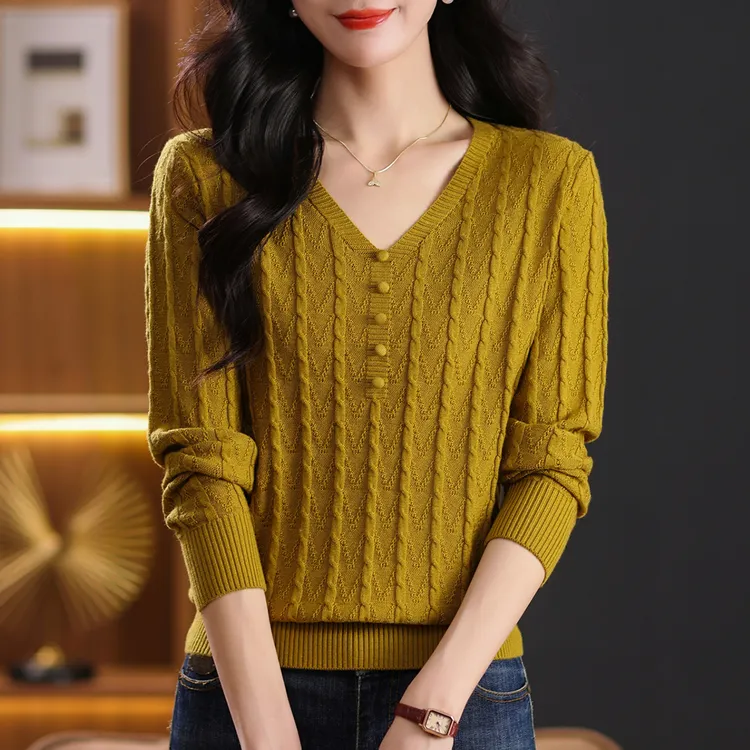 洋气提花V领针织衫女士春秋时尚百搭套头上衣宽松显瘦简约妈妈装