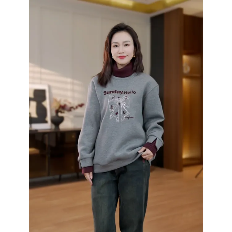 【猫猫定制】衣品乐微胖大码冬季新款拼接烫钻假两件卫衣MC5037