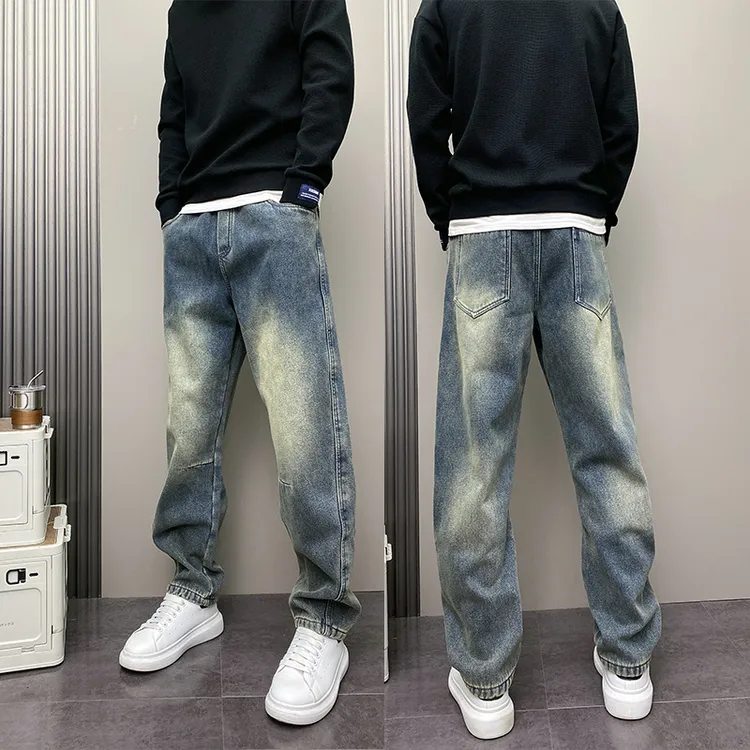高街百搭时尚春秋痞帅水洗蓝色青年男磨白直筒宽松哈伦休闲牛仔裤