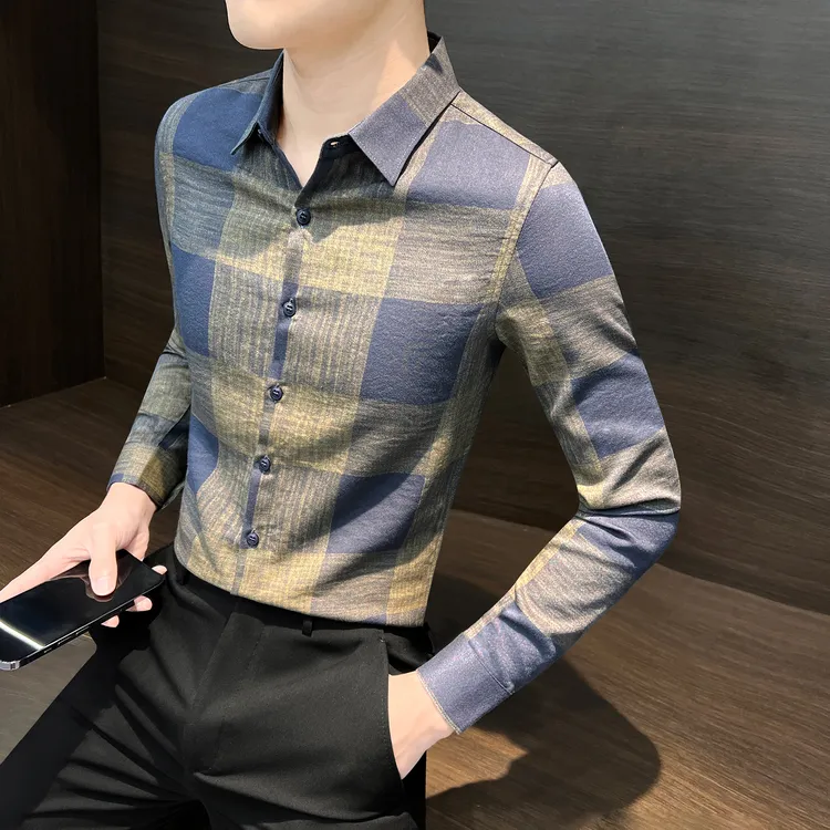 男士衬衫新款长袖轻奢商务休闲男装秋季时尚韩版格子衬衣修身薄款