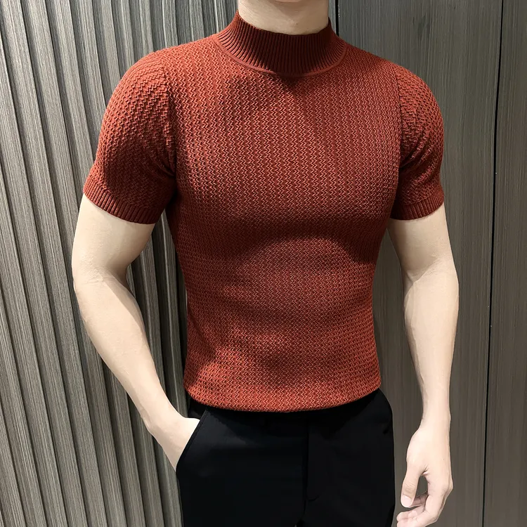 半高领男士短袖t恤爆款2025新款痞帅男装毛衣条纹针织男款打底衫