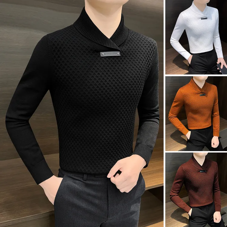 格子针织Polo衫男士长袖衣服男装秋冬款爆款2023新款青果领衣t恤