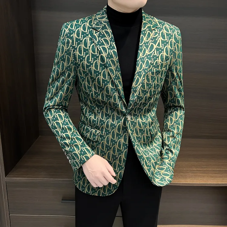 绿色小西装外套男2025新款英伦雅痞风格男装印花休闲男士痞帅西服