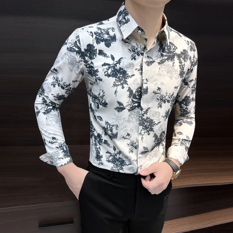 花衬衫长袖男士秋款上新2024爆款痞帅男装网红款潮流碎花男款衬衣