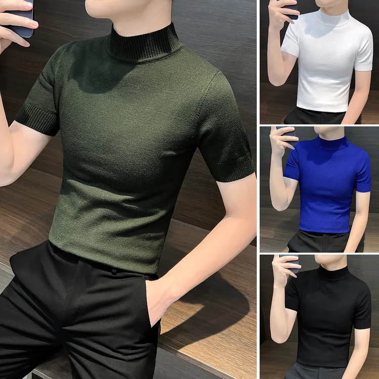 半高领男士针织短袖打底衫痞帅男装秋冬爆款2025新款内搭t恤衫男