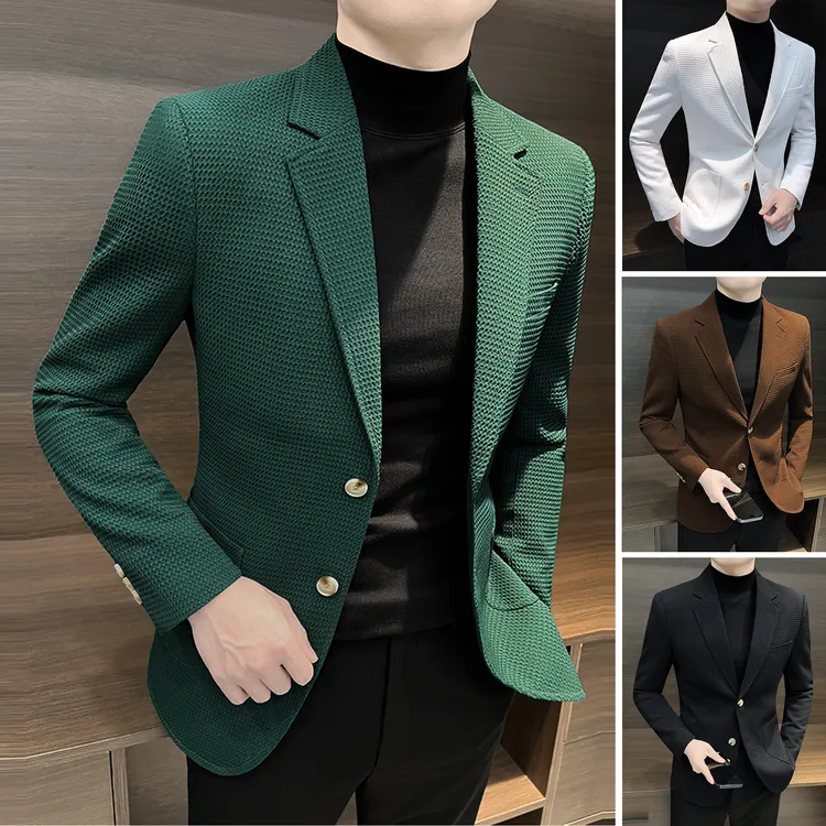 华夫格西装外套男秋季2025新款商务休闲男装韩版修身男士痞帅西服