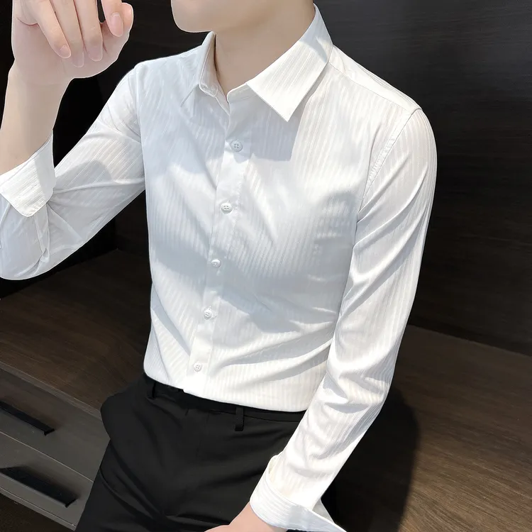 白色男士长袖衬衫男款爆款2025新款高级感商务男装秋季款条纹衬衣