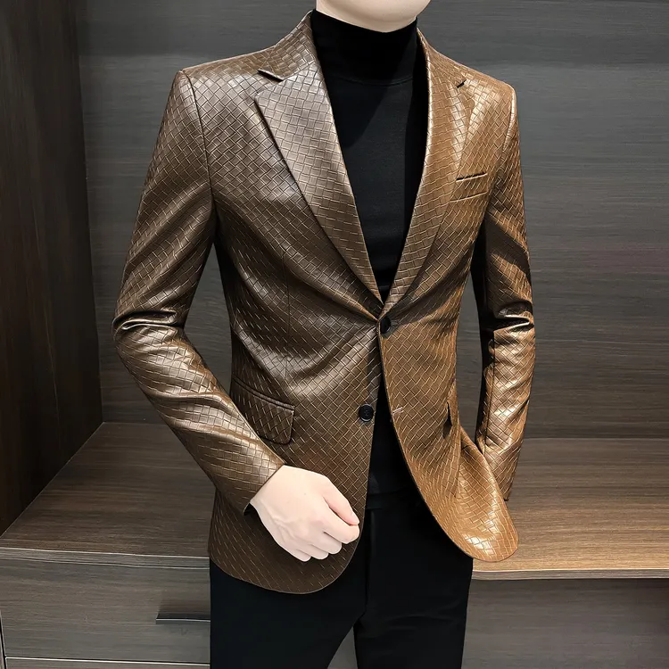 格子皮衣西装外套男款秋冬款2025成熟痞帅男装潮流修身男士皮夹克