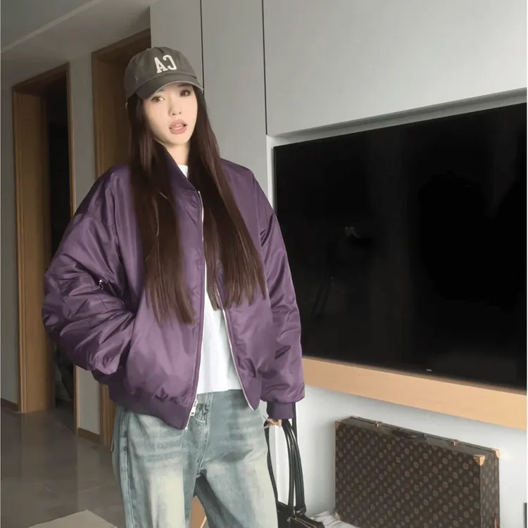 美式复古极简风棒球棉服中性冬季款加厚保暖宽松情侣飞行夹克外套