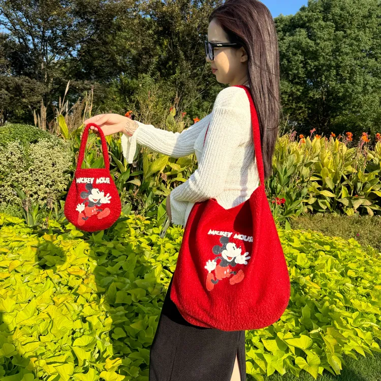 【直播专享】韩版米奇卡通印花毛绒大托特包手提包时尚百搭单肩斜跨