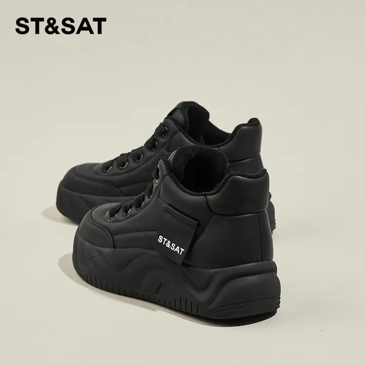 星期六久站不累真皮鞋女黑色冬加绒加厚保暖皮面防水防滑抗寒棉鞋