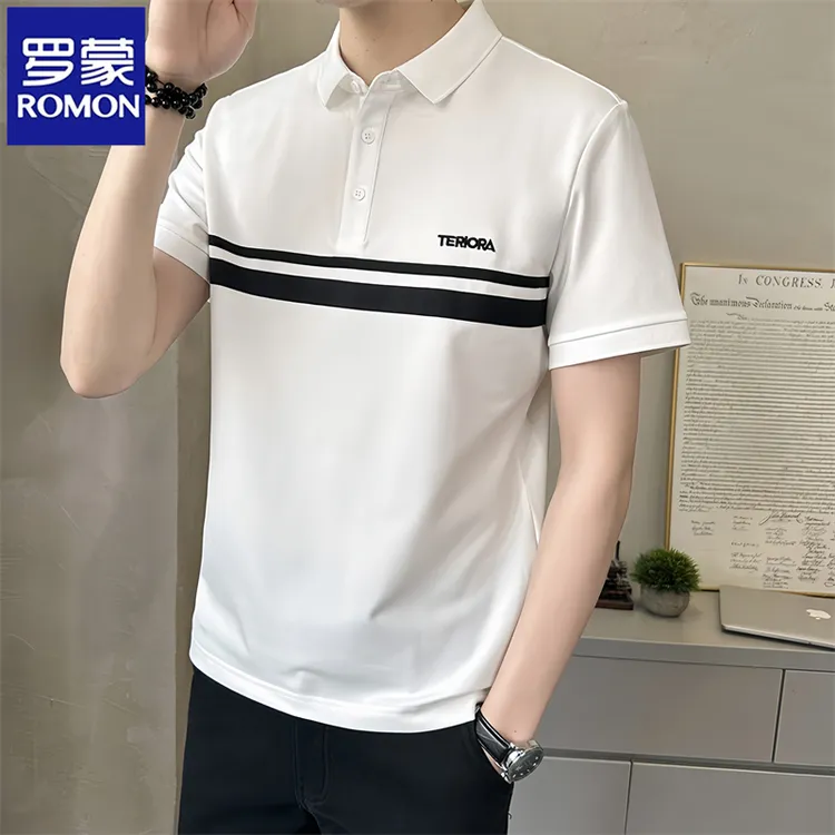 Romon/罗蒙POLO衫男士短袖夏季韩版潮流薄款T恤拼色冰丝翻领半袖