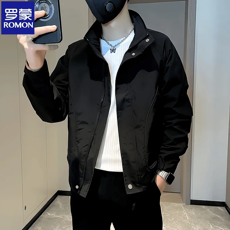 Romon/罗蒙春秋季新款男士工装立领夹克痞帅潮牌男装休闲短款外套