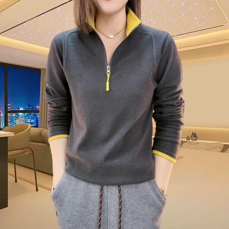 秋冬季新款双面德绒卫衣女打底衫立领撞色半拉链时尚显瘦休闲上衣