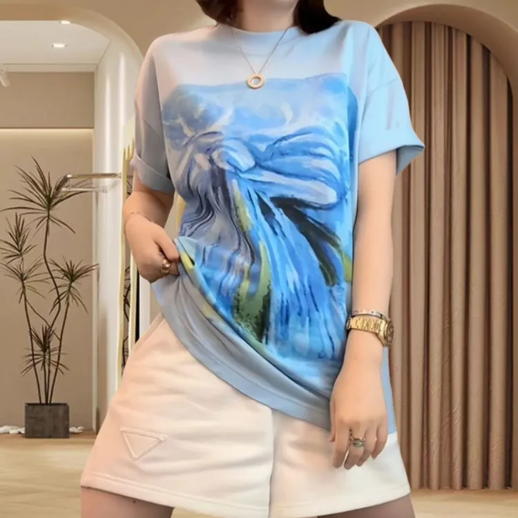 女装夏季衣服大码休闲蝴蝶结印花T恤女短袖圆领蓝色时尚宽松上衣