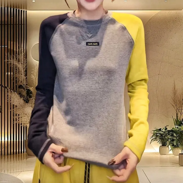 春秋季新款宽松拼接撞色圆领薄款长袖T恤打底衫百搭休闲时尚上衣