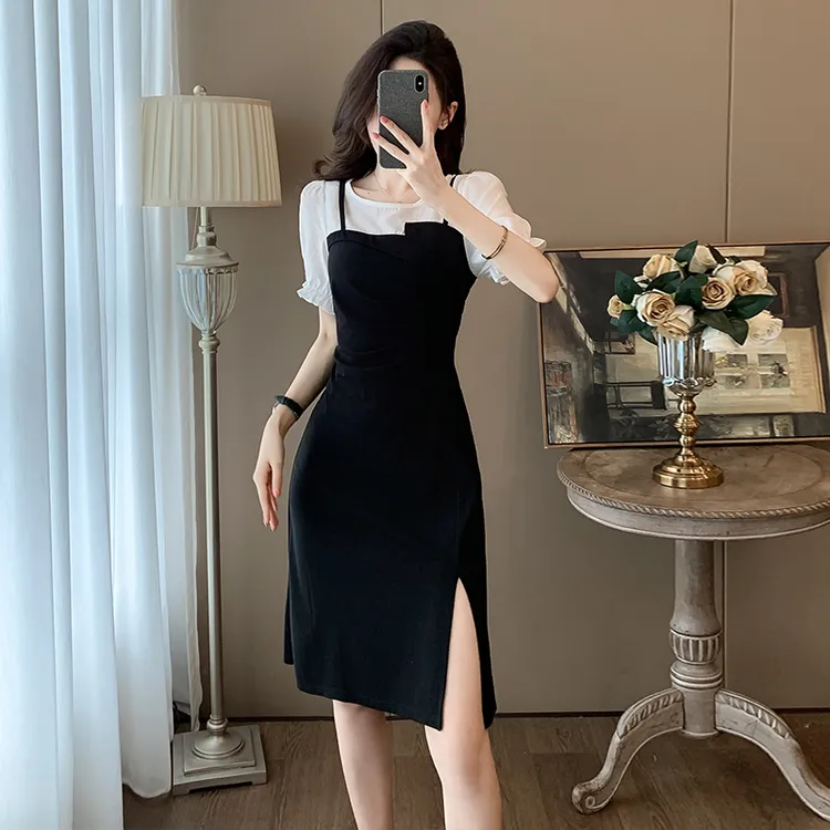 法式小众设计感撞色拼接开叉连衣裙女新款气质显瘦辣妈减龄小黑裙