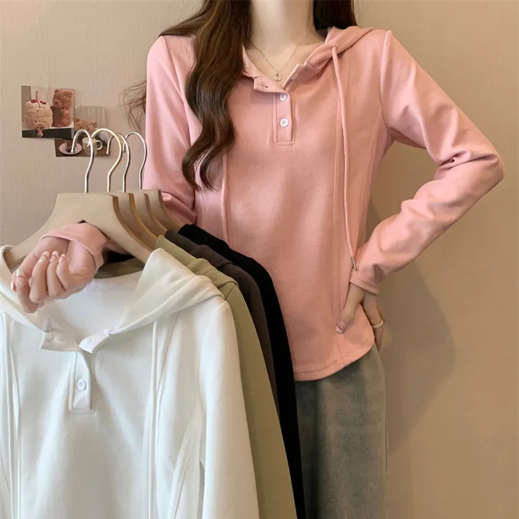 春季大码女装减龄收腰连帽长袖T恤微胖显瘦遮肉休闲设计感卫衣女