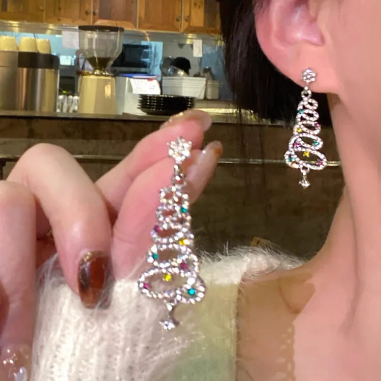 铜合金耳饰  彩色圣诞树耳环镂空长款流苏耳钉圣诞节耳饰配饰秋冬