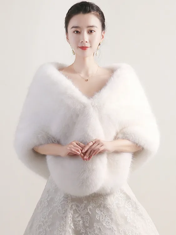 冬狐狸毛披肩婚纱披风礼服旗袍皮草斗篷白色女酒会长毛加厚保暖