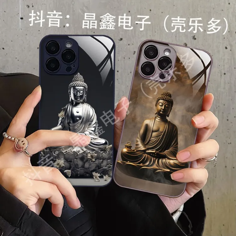 适用苹果15/华为/小米/oppo/vivo金银佛像高级感网红玻璃手机壳