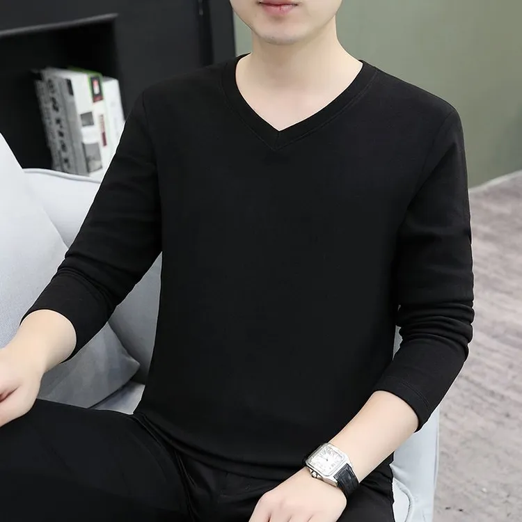 秋冬2025百搭长袖T恤纯色休闲V领衣服修身新款男士秋衣潮流T恤男