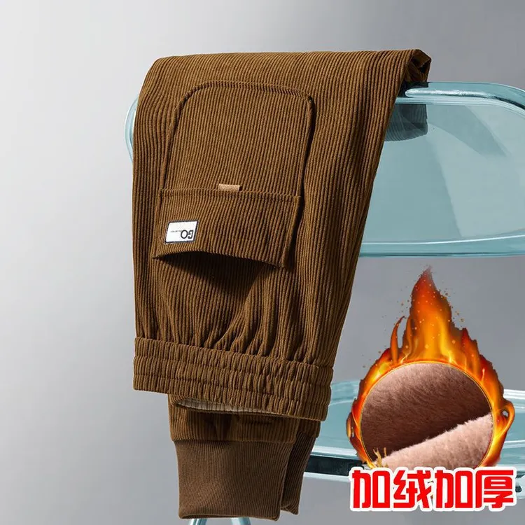 秋冬季男士大码加绒加厚裤子男百搭潮流春秋款哈伦束脚条绒休闲裤