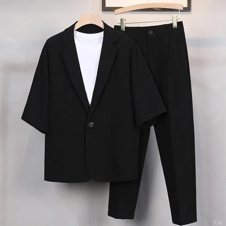 【三件套】夏季男士大码休闲西服套装韩版潮流帅气男款小西装轻熟风