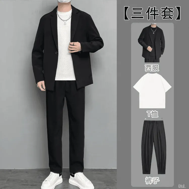 【三件套】微胖男生显瘦穿搭夏季短袖西服套装男士大码潮流小西服潮
