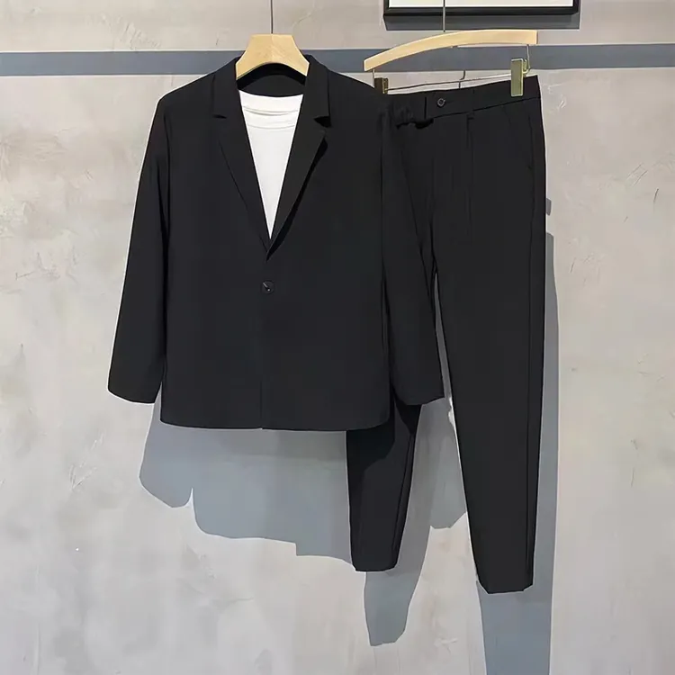 【三件套】微胖男生显瘦穿搭夏季短袖西服套装男士大码潮流小西服潮