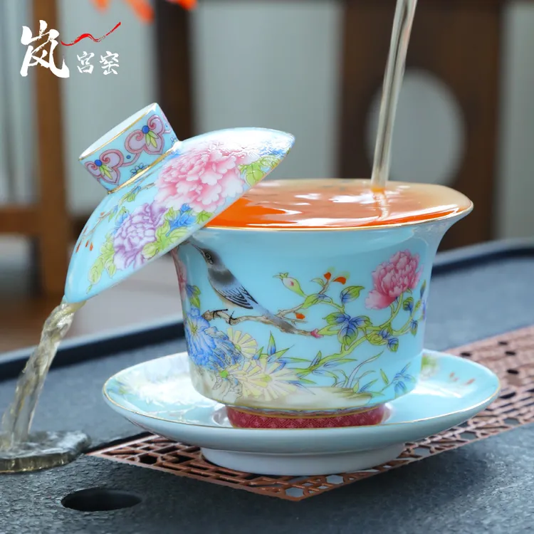 岚宫窑茶艺三才盖碗单个陶瓷女泡茶茶碗带盖珐琅彩茶具悬停可旋转
