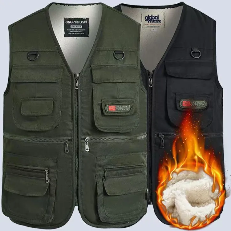 冬季加绒马甲男宽松加厚中老年人爸爸坎肩多口袋工装背心加棉马夹