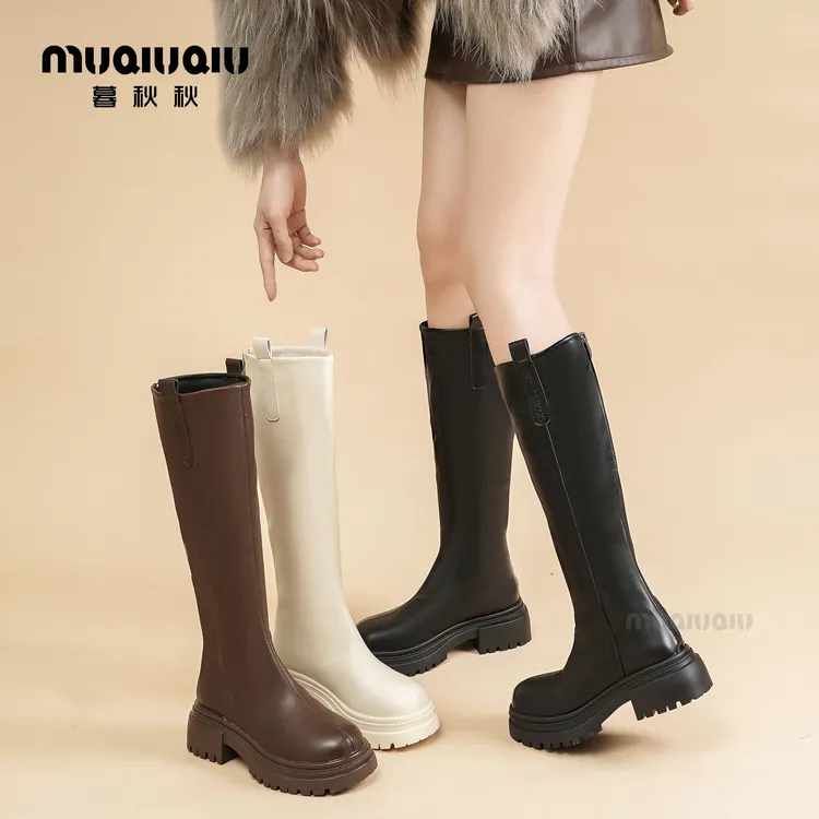 暮秋秋厚底长筒靴女秋冬季2025新款小个子黑色英伦百搭粗跟【贰】