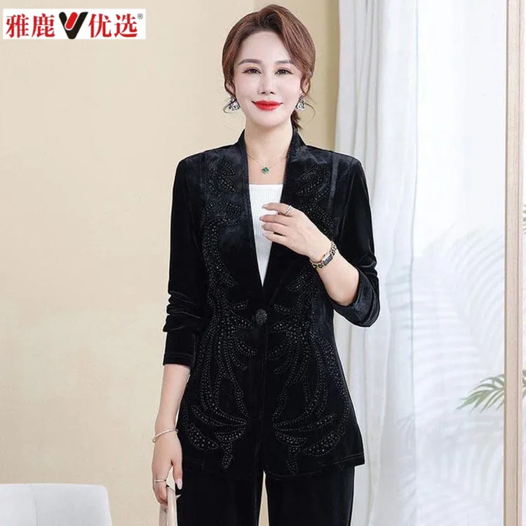 2024春秋新款女士修身黑色无领西装烫钻高级感洋气气质小西服外套