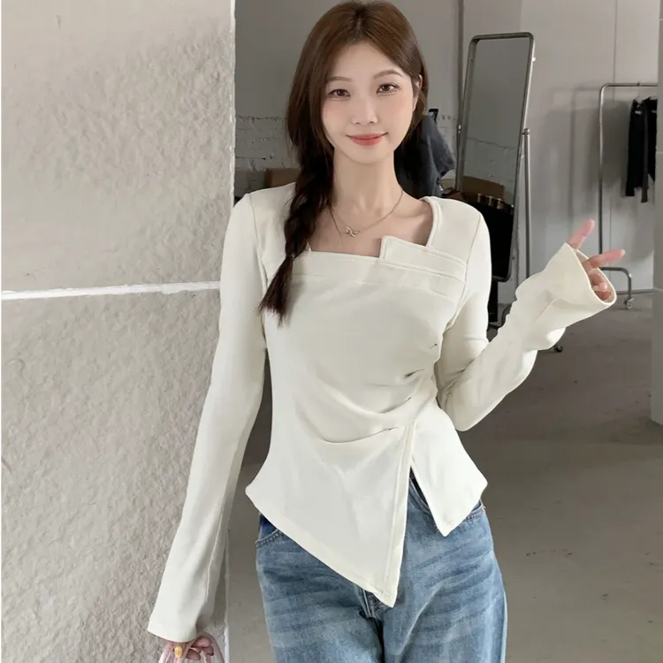 德绒港味高级感御姐方领长袖t恤女秋冬开叉设计感不规则褶皱上衣
