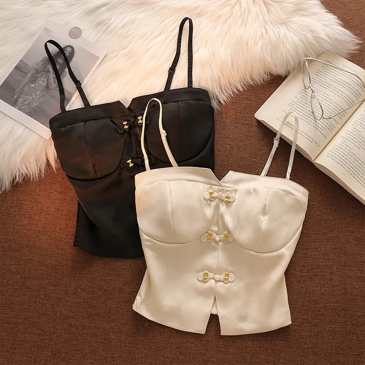 新中式国风缎面吊带背心女气质高级感带胸垫夏季外穿短款抹胸上衣