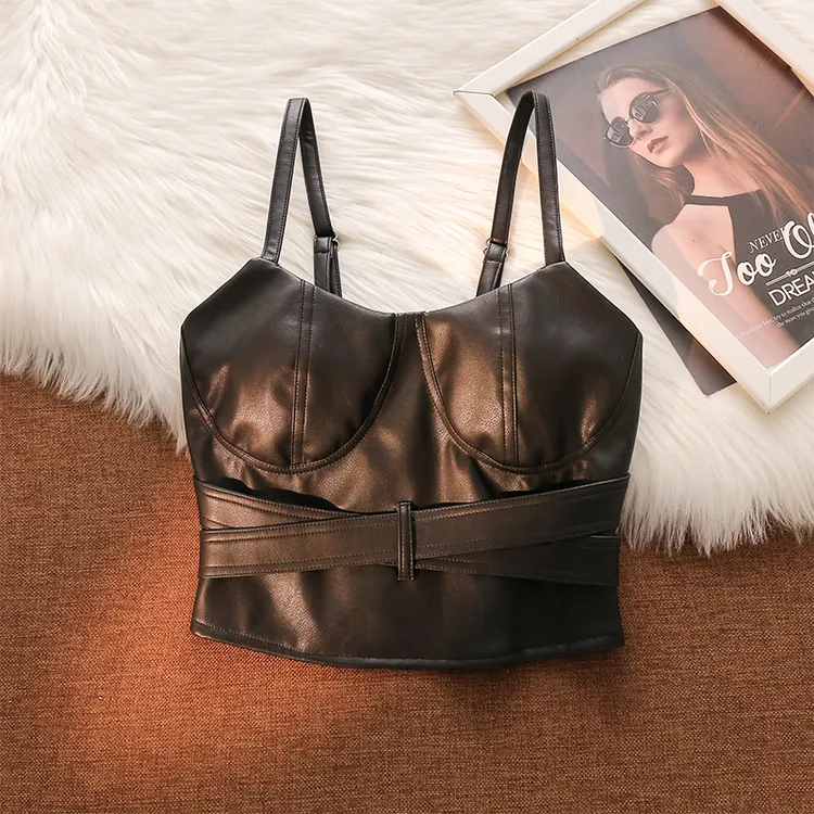 欧美辣妹PU皮吊带背心女性感内搭修身黑色短款马甲打底衫上衣外穿