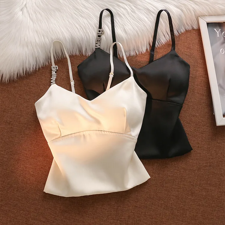 醋酸缎面吊带背心女夏外穿带胸垫设计感辣妹西装内搭短款抹胸上衣