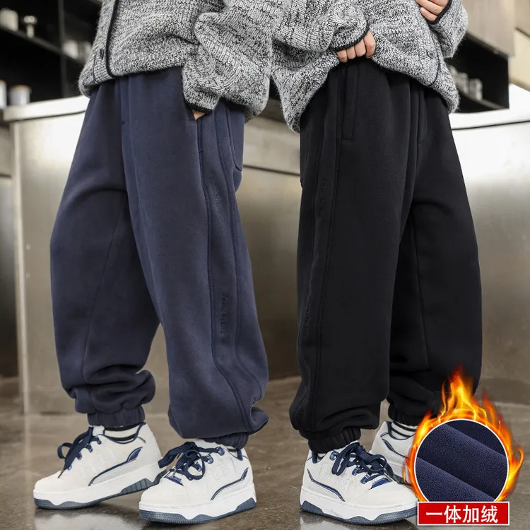 男童一体绒运动裤秋冬2024新款中大童休闲裤儿童冬季加厚裤子潮