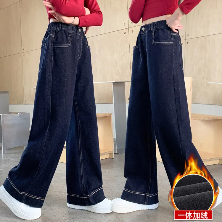 女童牛仔裤加绒流行新款高档直筒女大童裤子12-18岁青春期适用