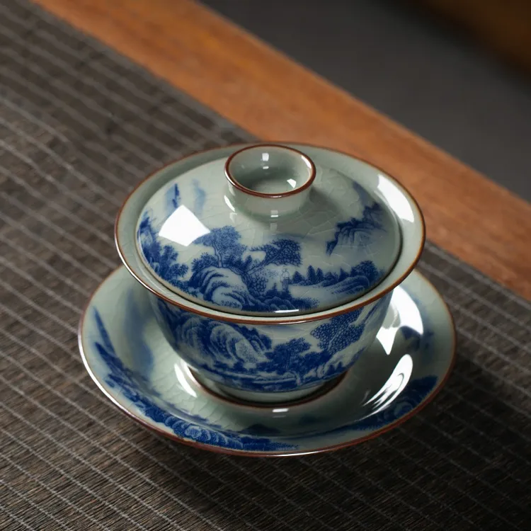 盖碗茶杯茶碗大号茶具青花瓷泡茶碗套装陶瓷山水图功夫三才碗单个