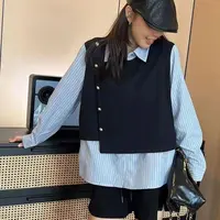 T春秋季设计感假两件竖条纹拼接衬衫女小众宽松百搭时尚洋气上衣