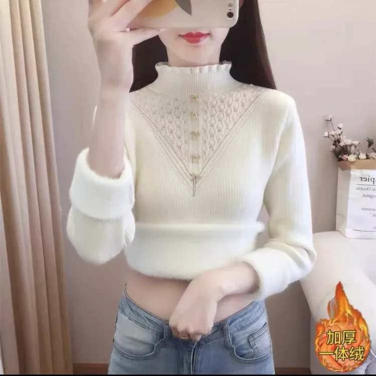 加绒加厚一体绒 重工领口蝴蝶结毛衣女内搭半高领打底衫保暖上衣