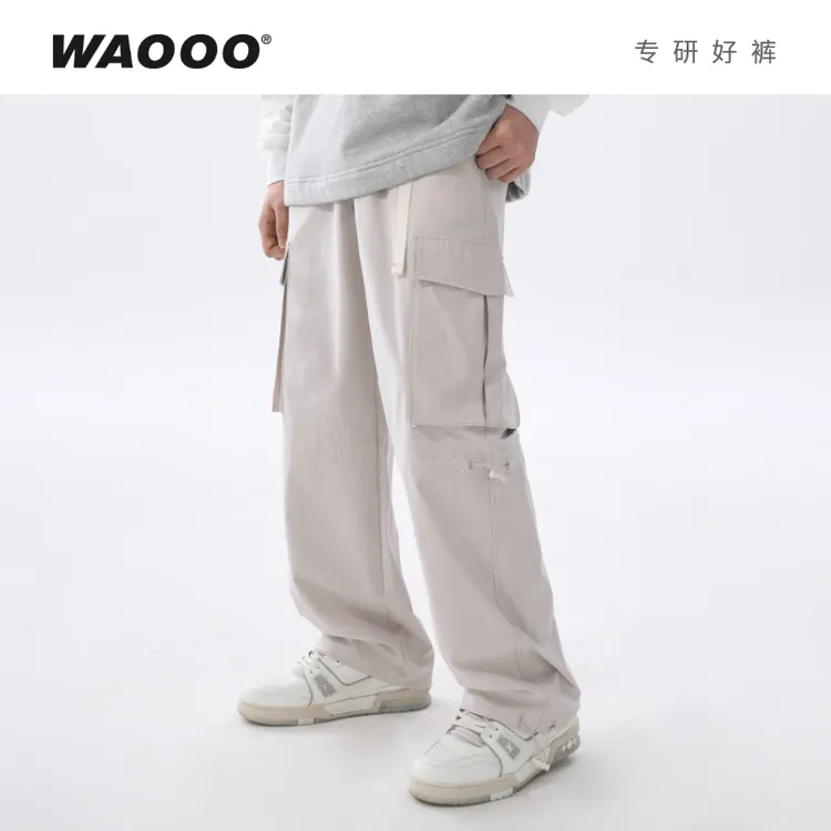 WAOOO 美式百搭休闲工装大口袋街舞宽松可束脚通勤直筒裤子男