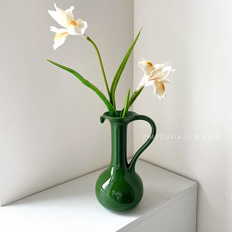 单耳复古绿陶瓷花瓶高级感天鹅颈花器仿真花装饰摆件客厅插花设计