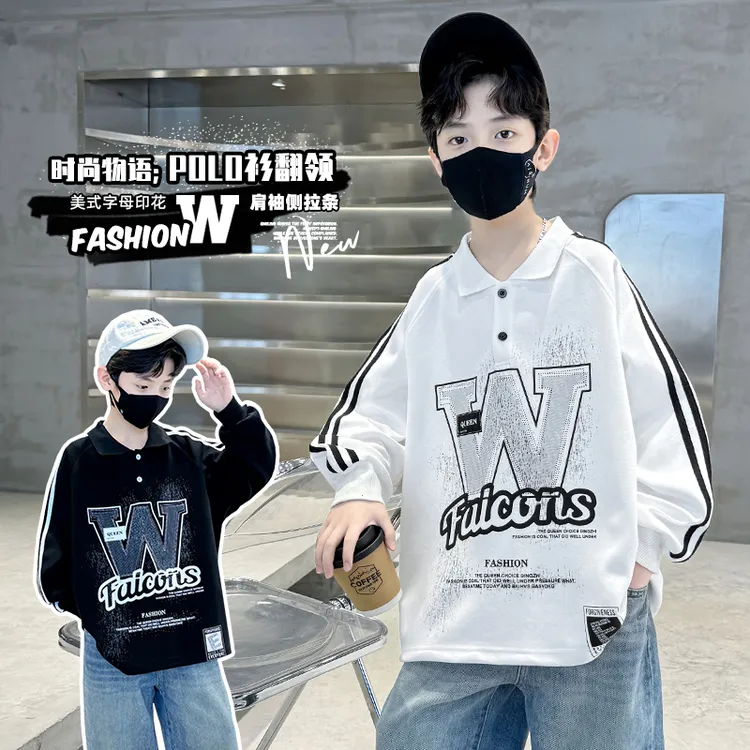 上衣美式男童时尚中大童印花翻领春秋长袖春款洋气休闲韩版2024男