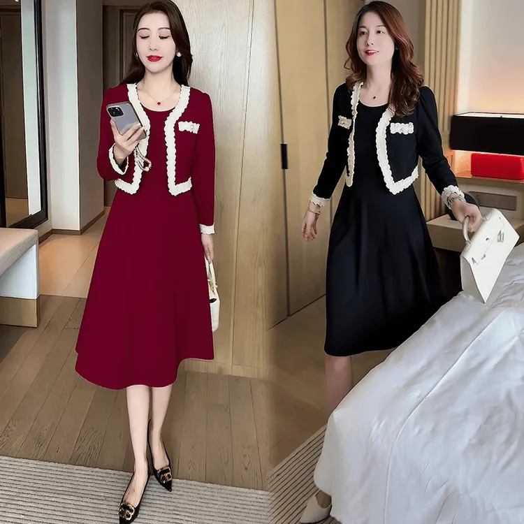 气质两件套秋季外套+连衣裙时尚小香风套装收腰修身小个子套装裙