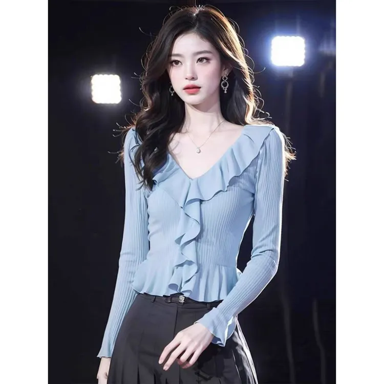 法式洋气针织上衣女2024秋季新款百搭打底衫修身显瘦荷叶边T恤